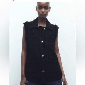 Zara Black Tweed Fringe Gold Button Vest
